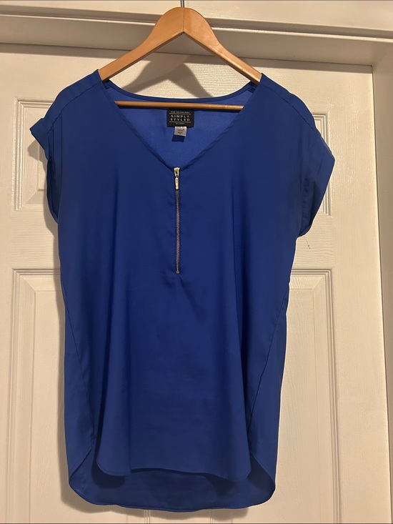 Simply Styled Tops - Simply Styled Blue Zip-Front Cap Sleeve Blouse
